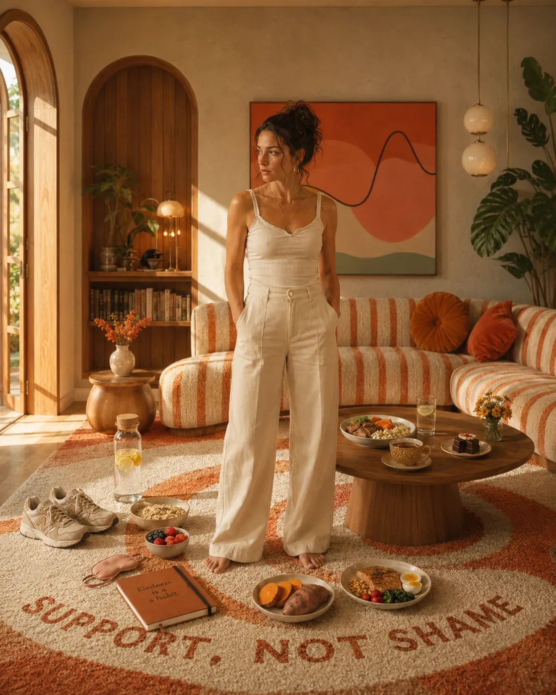 Woman standing in a living room with a circular floor message about comfort not shame, closing the article with self-trust