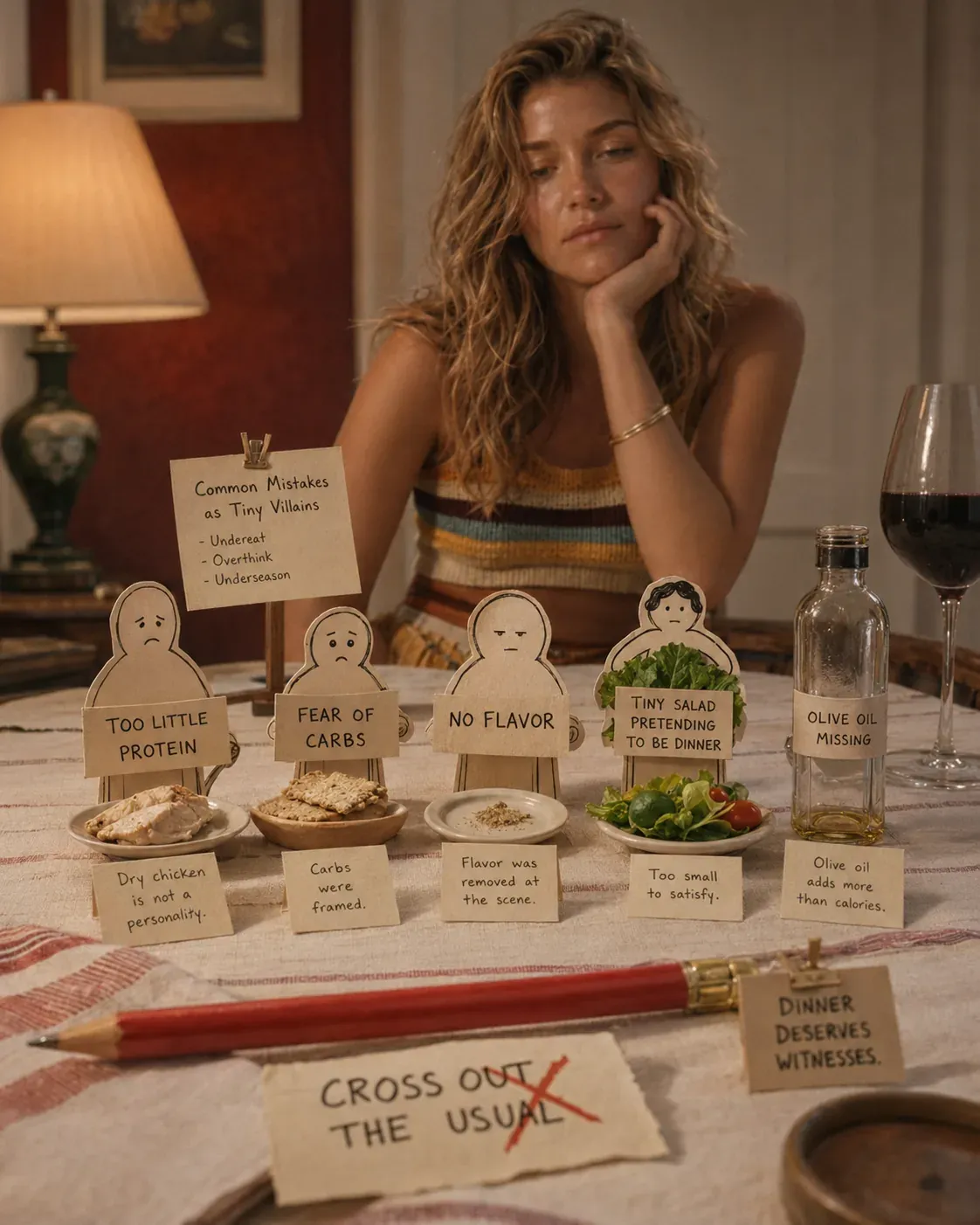 Woman looking at paper figures labelled as common balanced plate mistakes such as too little protein, fear of carbs, and no flavor | Becoming Elysian