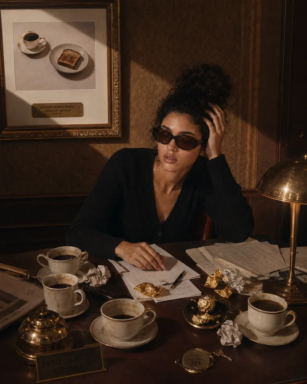 Woman at a hotel desk surrounded by empty coffee cups and papers beneath a framed regretful simple breakfast portrait