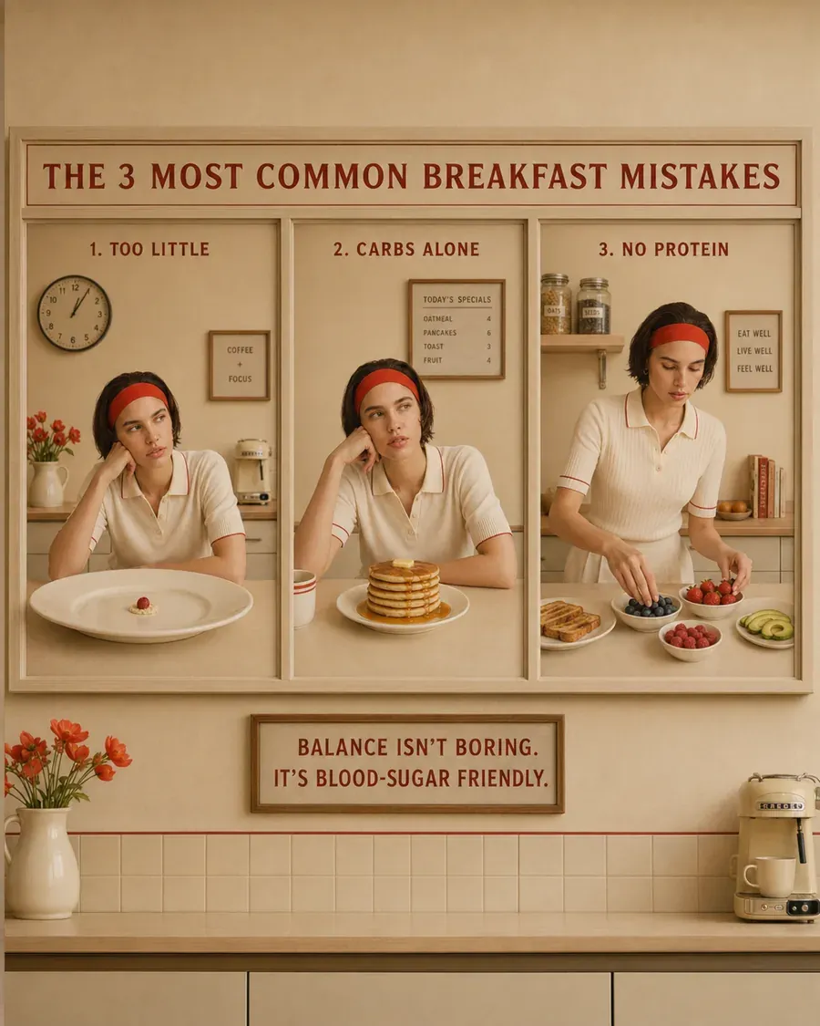 Triptych wall display showing the three most common breakfast mistakes: too little, carbs alone, and no protein | Becoming Elysian nutrition mistakes