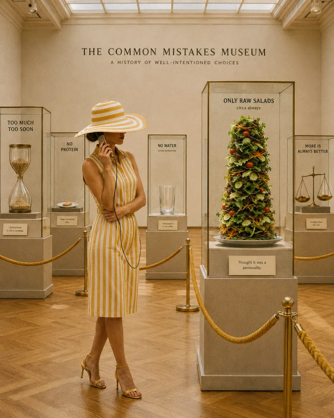 Woman in a museum of common fiber mistakes with displays for too much too soon, no protein, no water, only raw salads, and more is always better