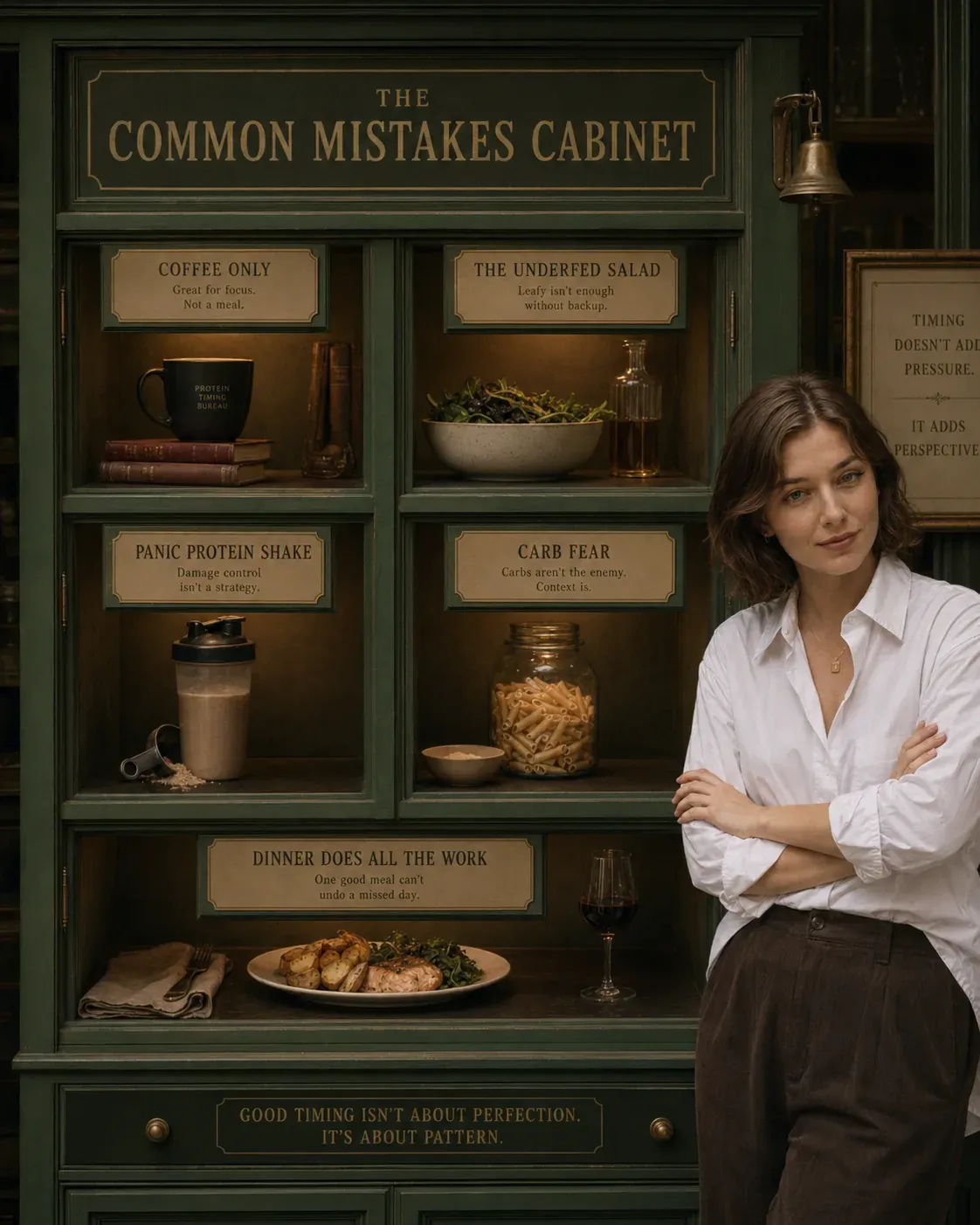 Common mistakes cabinet with protein powders, oats and meal props, woman standing beside labeled nutrition reminders | Becoming Elysian