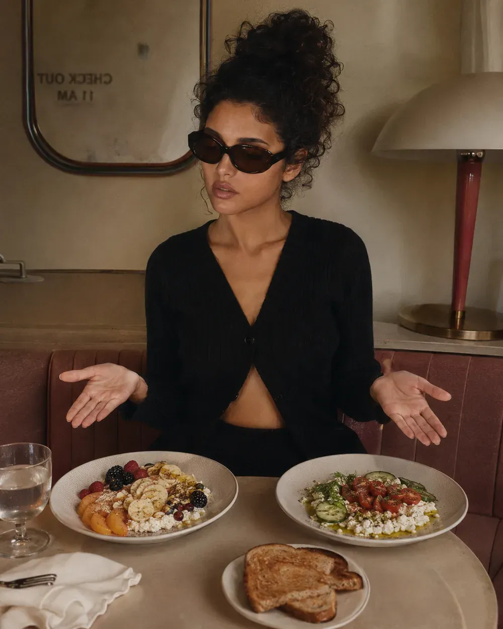 Woman choosing between sweet cottage cheese with fruit and savory cottage cheese with cucumber and tomatoes