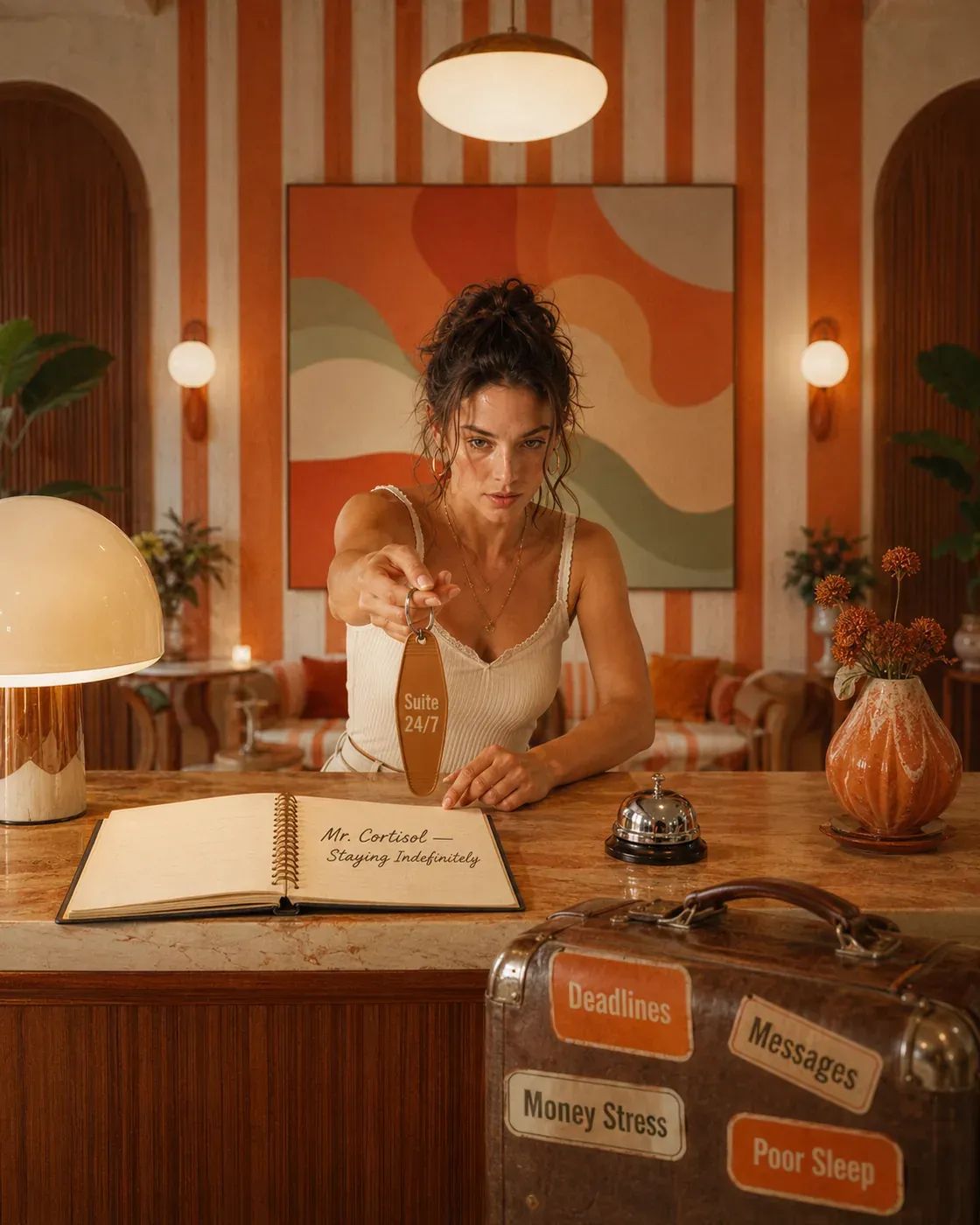 Woman at a tidy desk with cards labeled craving clues, exploring what sugar cravings may be trying to communicate