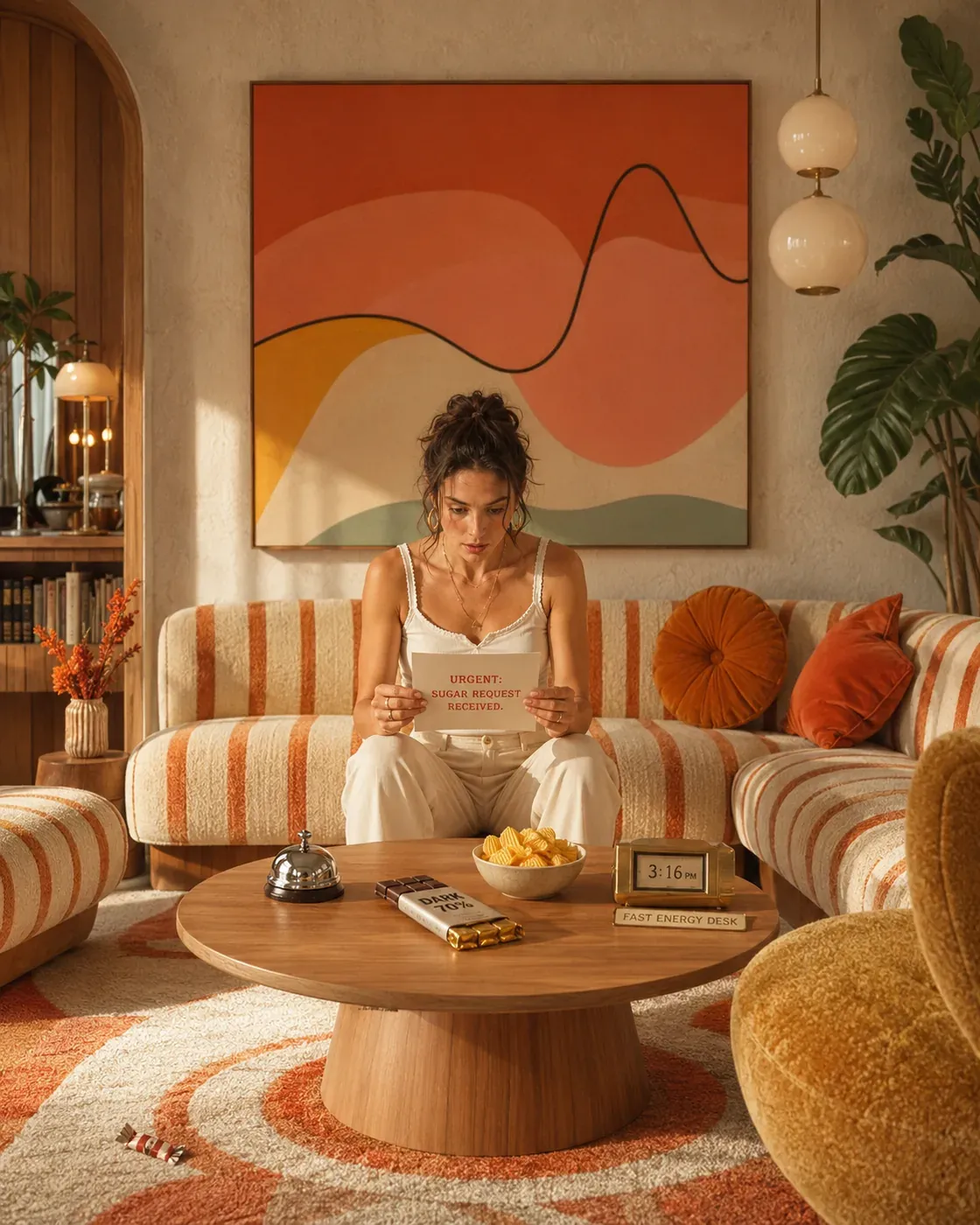 Woman seated in a warm cinematic living room with tea, a notebook, and a calm snack table, reflecting on cravings, blood sugar, and stress