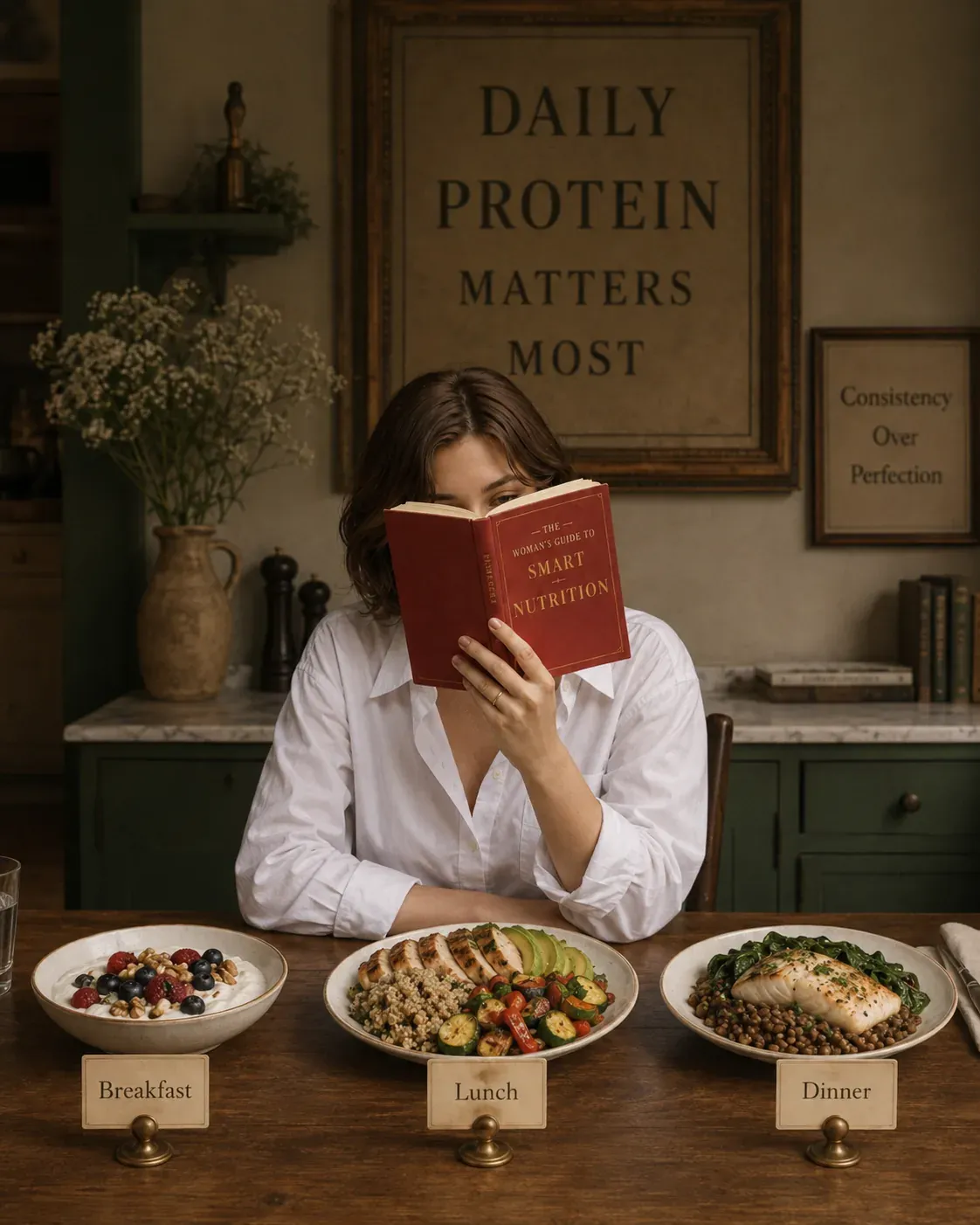 Woman seated with breakfast lunch and dinner plates, wall sign reading daily protein matters most, elegant nutrition rhythm scene | Becoming Elysian