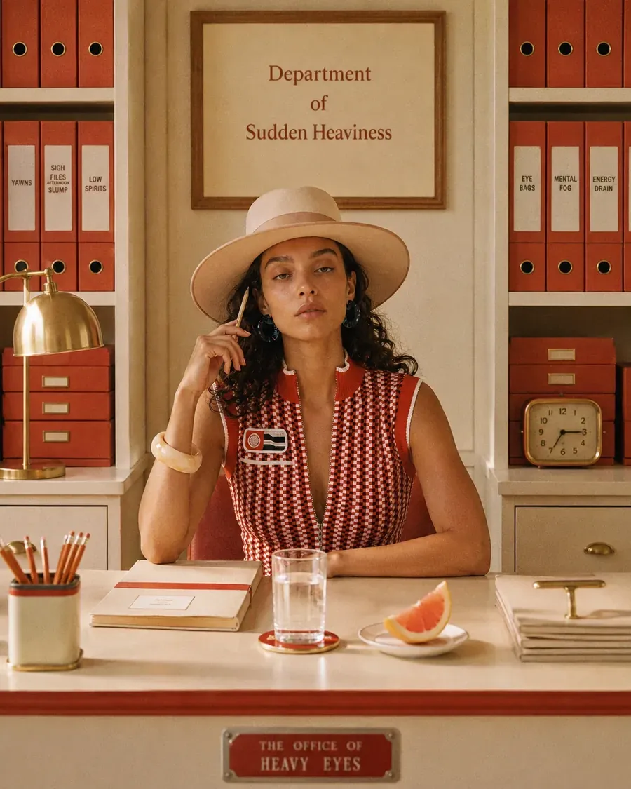 Woman seated at the Department of Sudden Heaviness desk in warm editorial light, representing the afternoon energy slump | Becoming Elysian