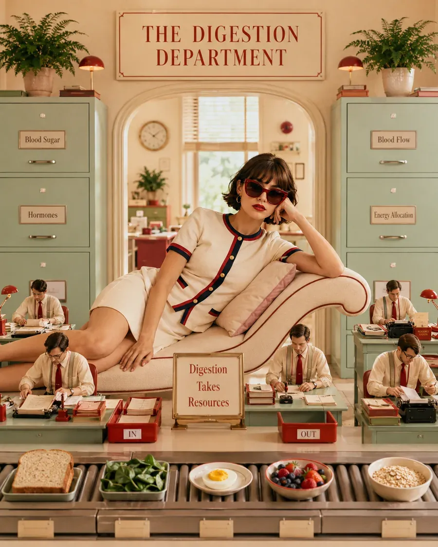 Whimsical digestion department office with a woman at the centre and balanced meal props arranged like a cinematic wellness scene | Becoming Elysian quiet luxury wellness
