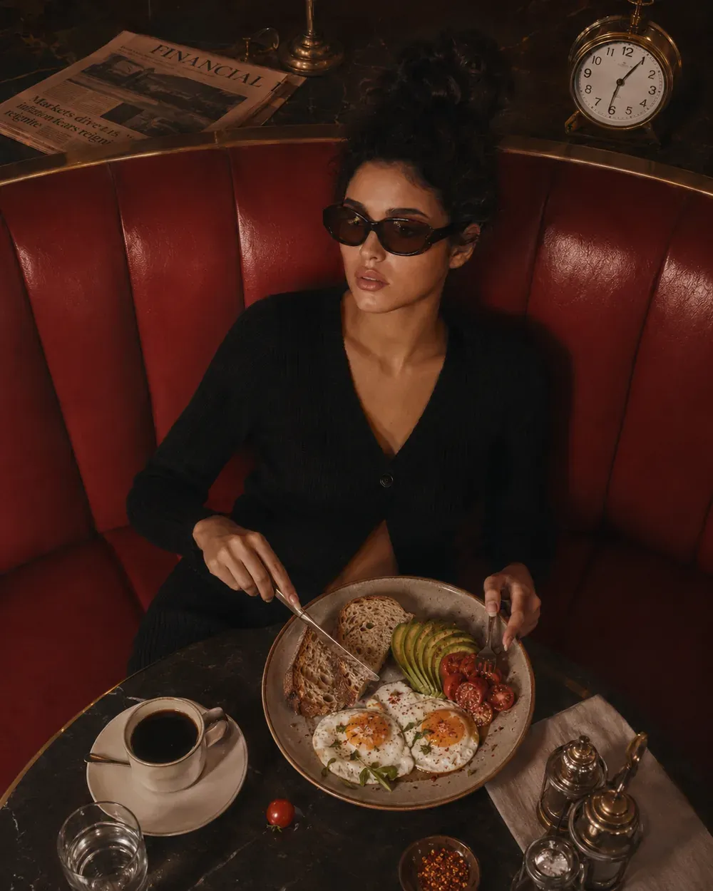 Eggs with sourdough toast, sliced avocado, tomatoes, coffee, and water in a red leather cafe booth