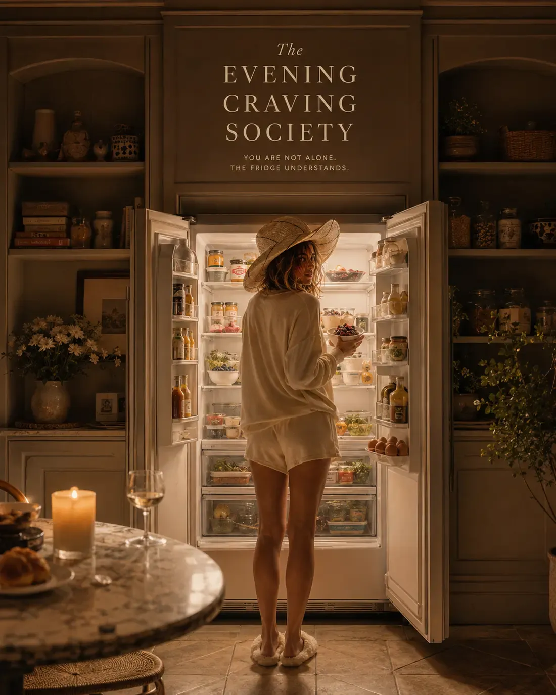 A woman in a wide-brim straw hat and cream knit cardigan stands thoughtfully in front of an open, well-stocked refrigerator filled with fresh produce, jars, and ingredients at golden hour, text overlay reads The Evening Craving Society. You are not alone. The fridge understands. | Becoming Elysian quiet luxury wellness