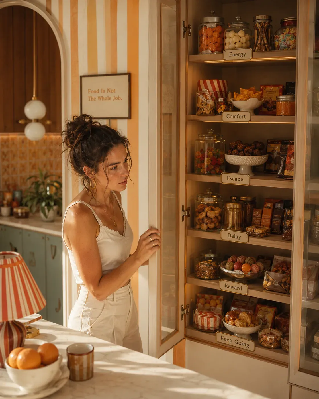 Woman standing near an open pantry in the evening, illustrating stress cravings and the pull of quick comforting foods