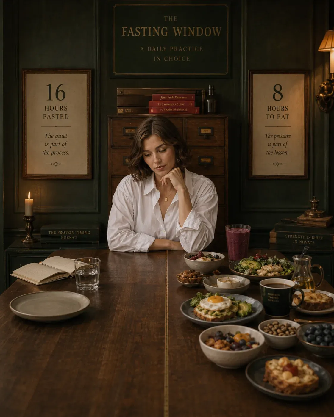 Woman at dining table with fasting window signs and plates showing how shorter eating windows can affect protein intake | Becoming Elysian