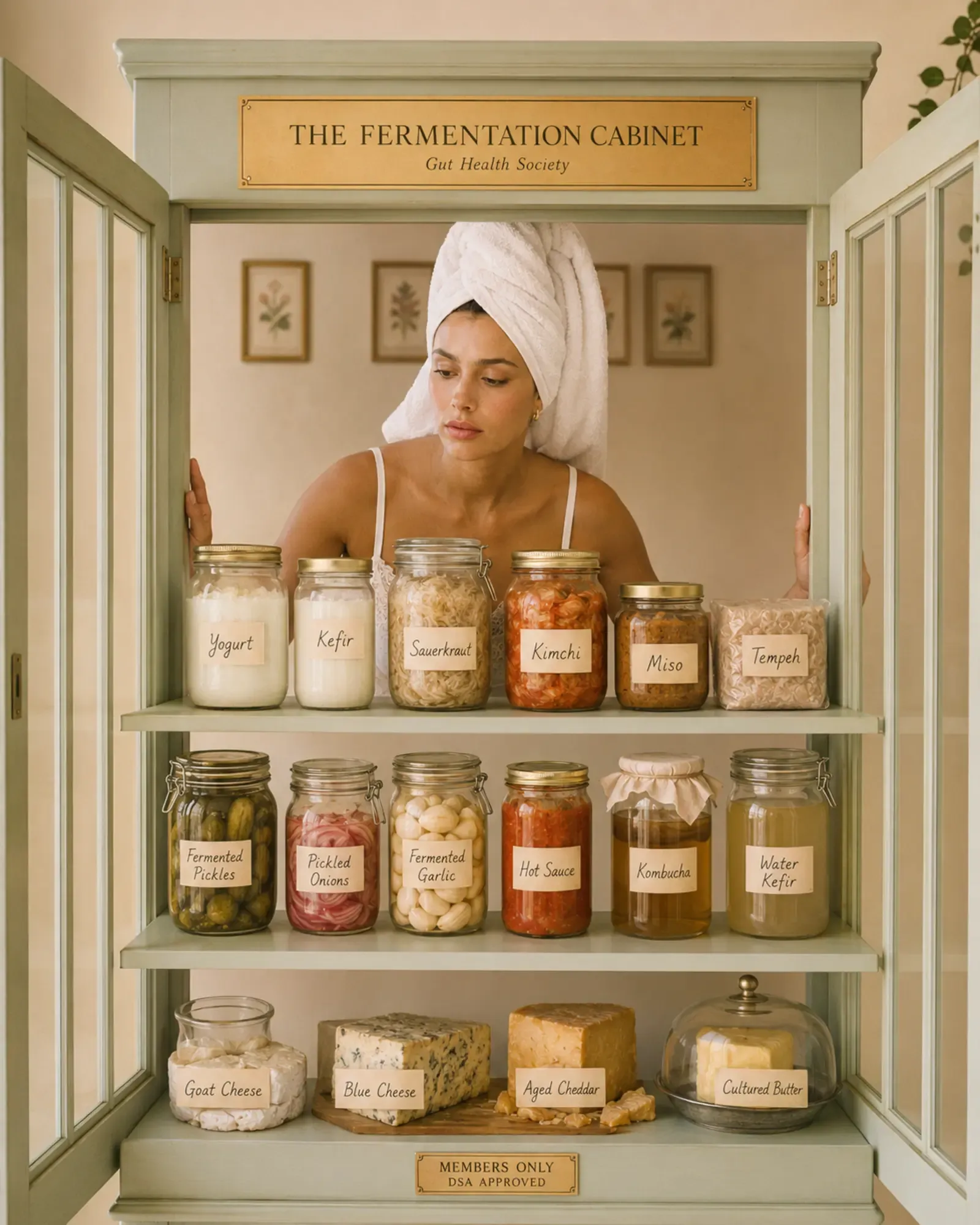 Woman in white camisole and towel turban opening a sage green "The Fermentation Cabinet" filled with jars of yogurt, kefir, sauerkraut, kimchi, miso, tempeh, fermented pickles, kombucha, and aged cheeses | Becoming Elysian quiet luxury wellness editorial