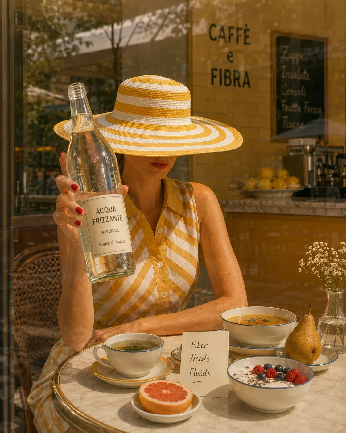 Woman holding sparkling water in a cafe with soup, yogurt, fruit, and a note that fiber needs fluids