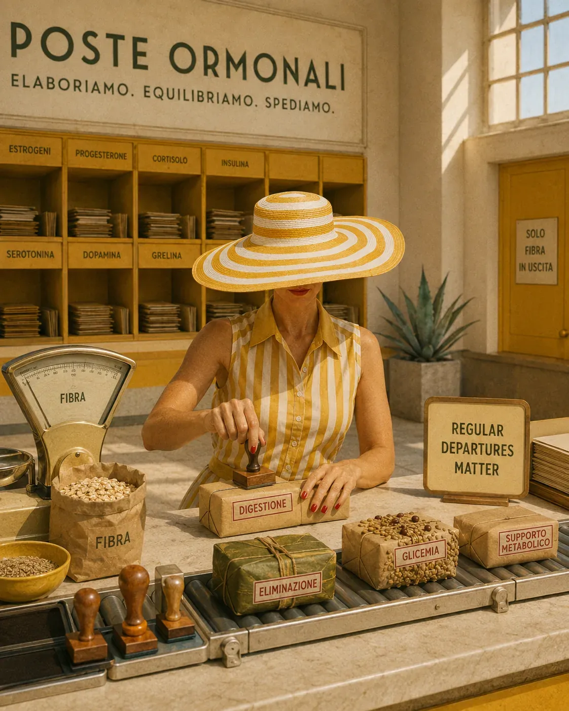 Woman at a hormonal post office stamping packages for digestion, elimination, blood sugar, and metabolic support with fiber-rich foods