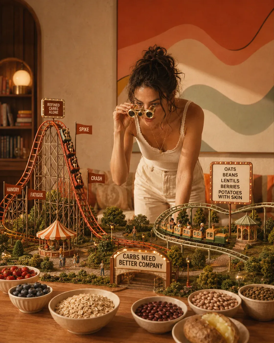 Miniature food landscape of oats, berries, beans, lentils, and vegetables, representing fiber-rich carbohydrates