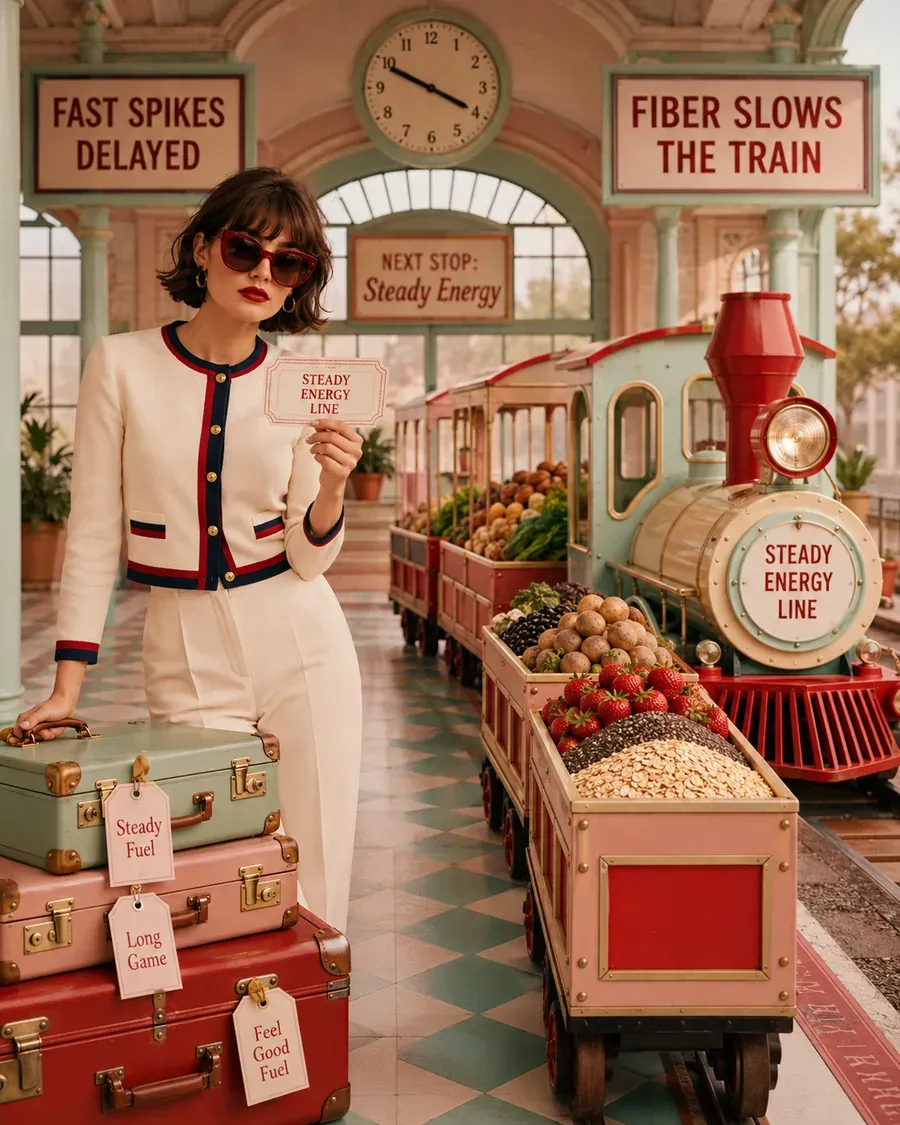 Woman beside a charming market trolley of fiber-rich foods with signs about steady energy | Becoming Elysian quiet luxury wellness