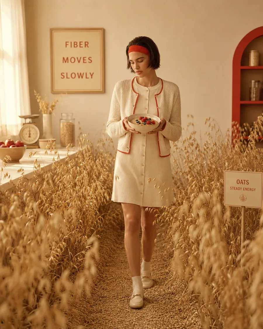 Woman walking through a golden oat field with a sign reading fiber moves slowly, representing fiber-rich carbohydrates for blood sugar balance | Becoming Elysian nutrition