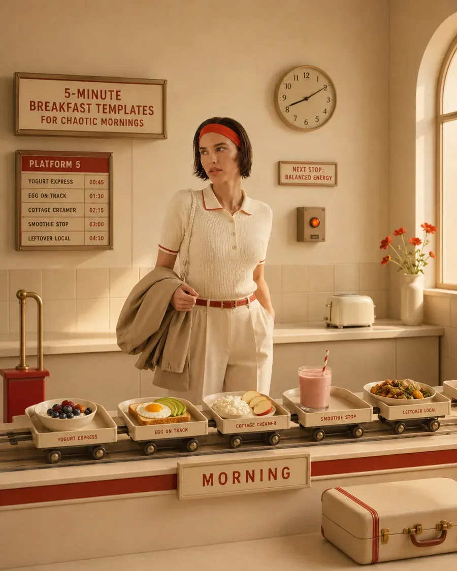 Woman standing beside a breakfast template counter with five quick morning options and nourishing ingredients | Becoming Elysian five-minute breakfast