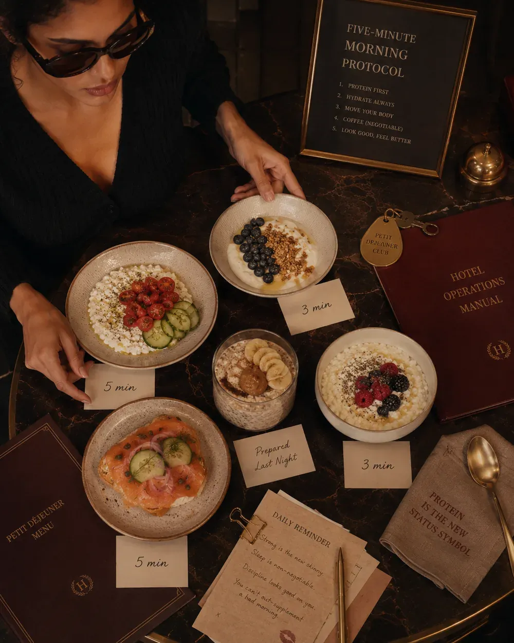 Hotel table with five-minute high-protein breakfast options, overnight oats, yogurt bowls, smoked salmon toast, and protocol notes
