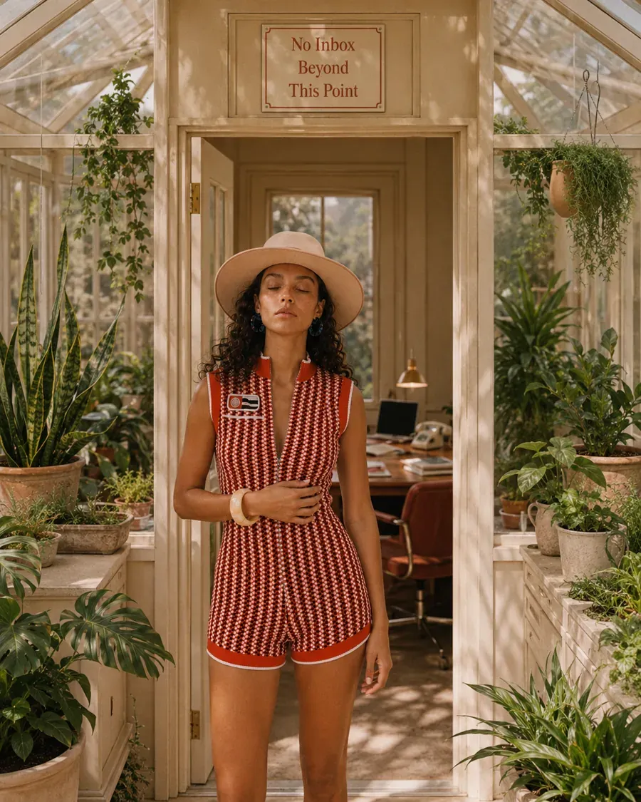 Woman standing in a quiet greenhouse doorway for a five-minute nervous system pause | Becoming Elysian
