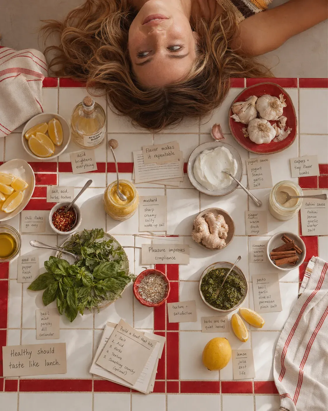 Overhead kitchen scene with herbs, lemon, mustard, tahini, pesto, and yogurt sauce showing how flavor supports consistency | Becoming Elysian