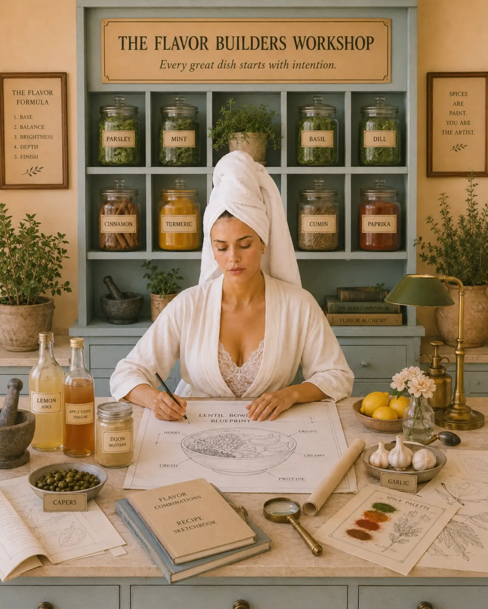 Woman in white robe and towel turban at "The Flavor Builders Workshop" desk, sketching a lentil bowl blueprint surrounded by jars of parsley, mint, basil, dill, cinnamon, turmeric, cumin, paprika, lemon juice, apple cider vinegar, dijon mustard, capers, and garlic | Becoming Elysian quiet luxury wellness editorial
