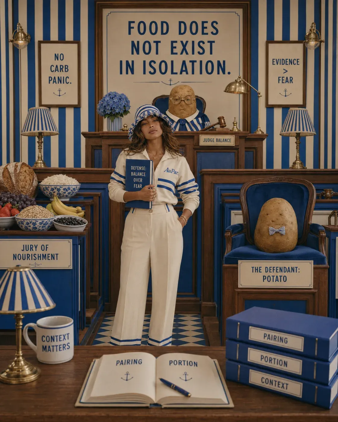 Woman beside a board reading food does not exist in isolation, surrounded by carbs, protein, fat, fiber, and context cues | Becoming Elysian nutrition context