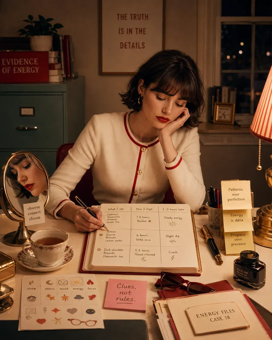 Woman journaling at night with food, sleep, stress, and energy tracking notes on her desk | Becoming Elysian quiet luxury wellness