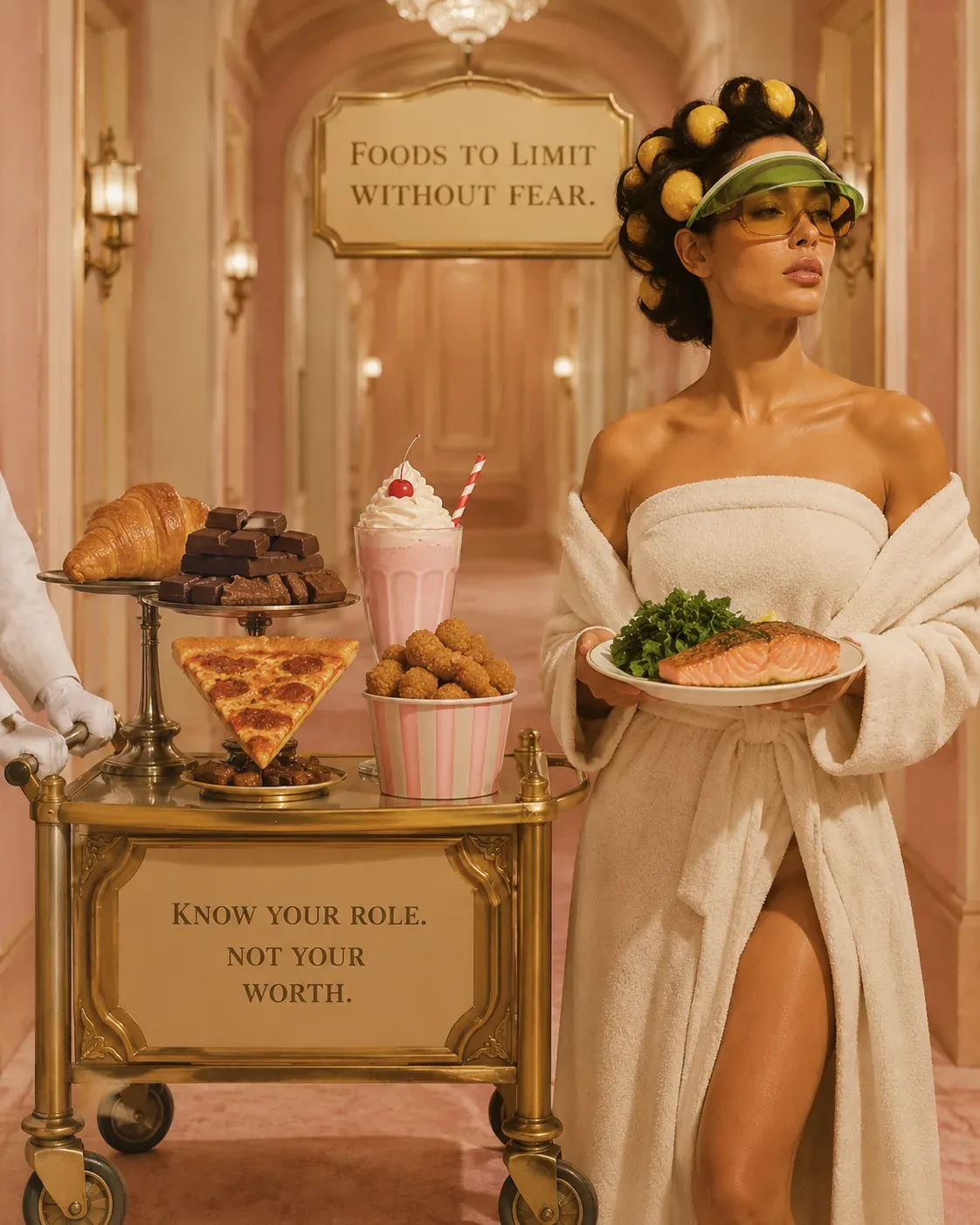 Woman in a soft robe holding salmon and greens beside a dessert and snack cart with a sign saying foods to limit without fear