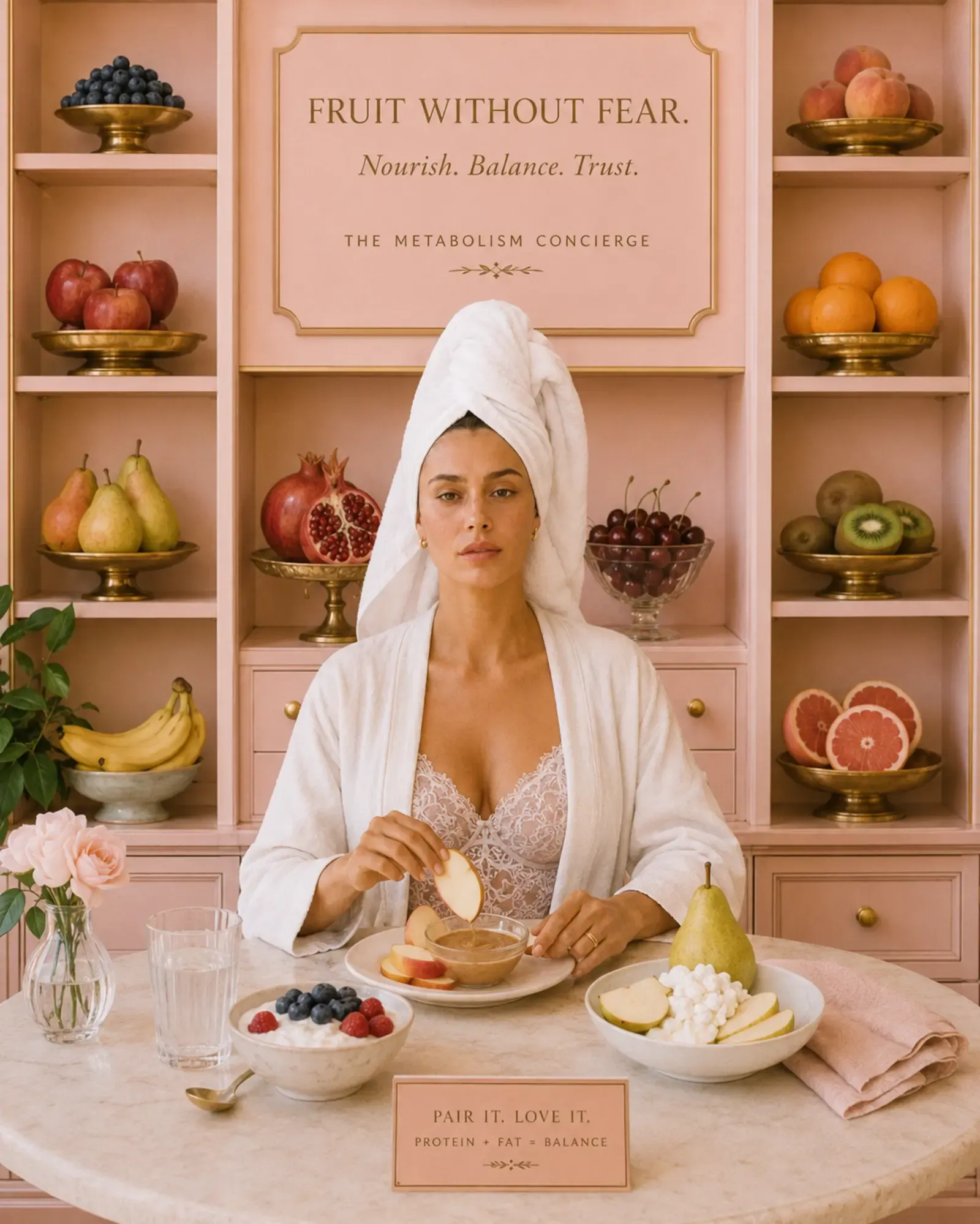 Woman in white robe and towel turban at a pink marble "Fruit Without Fear" station with shelves of apples, pears, pomegranate, cherries, citrus, bananas, and kiwi, pairing apple slices with almond butter | Becoming Elysian quiet luxury wellness editorial