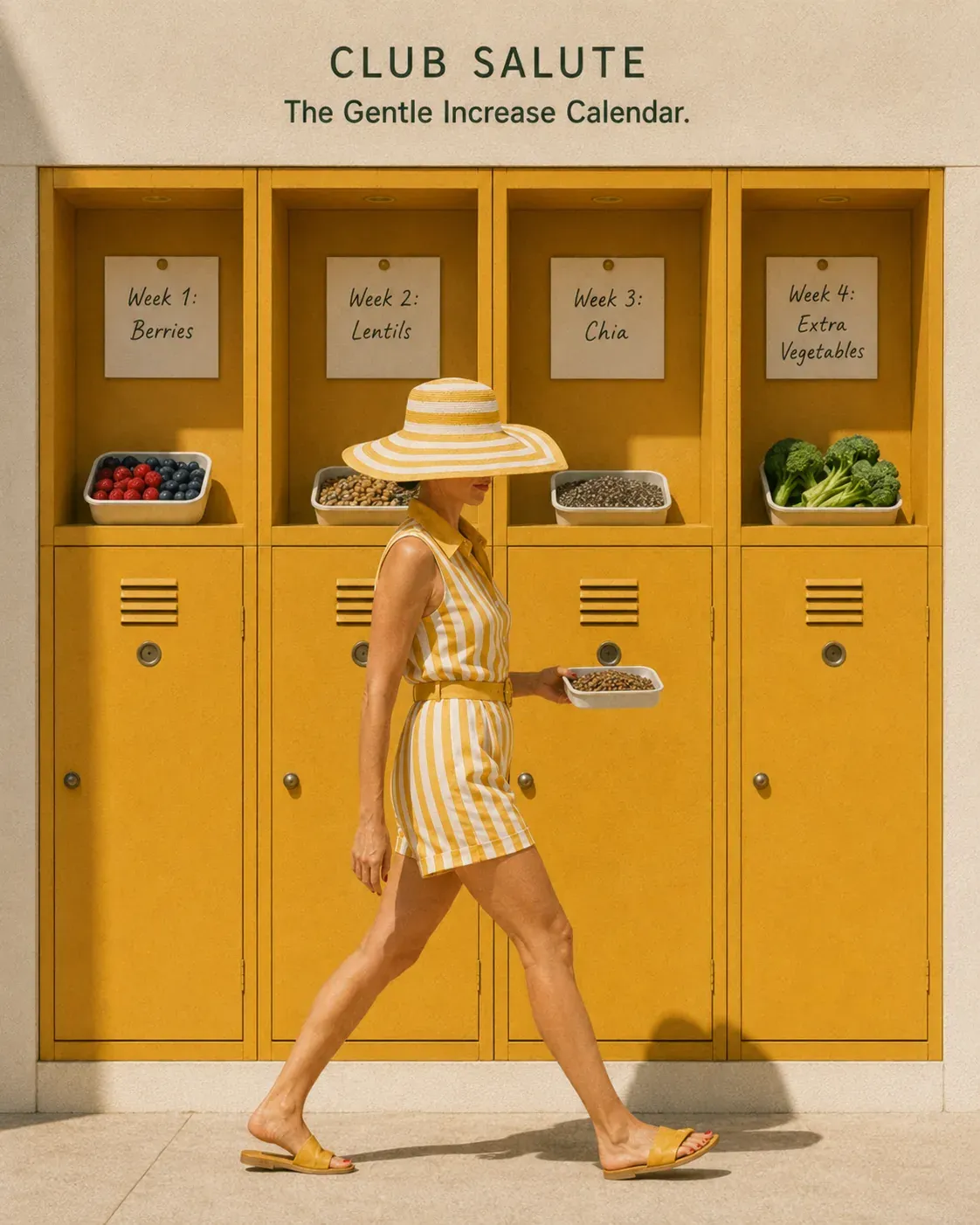 Woman walking past a gentle fiber increase calendar with berries, lentils, chia, and extra vegetables added week by week
