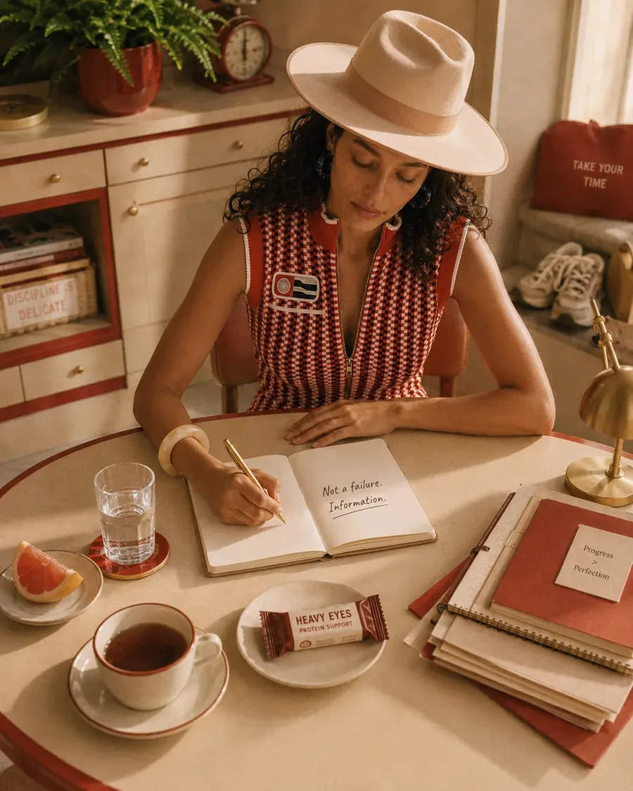 Woman writing a gentle takeaway note at a desk with coffee and fruit after an afternoon energy crash | Becoming Elysian