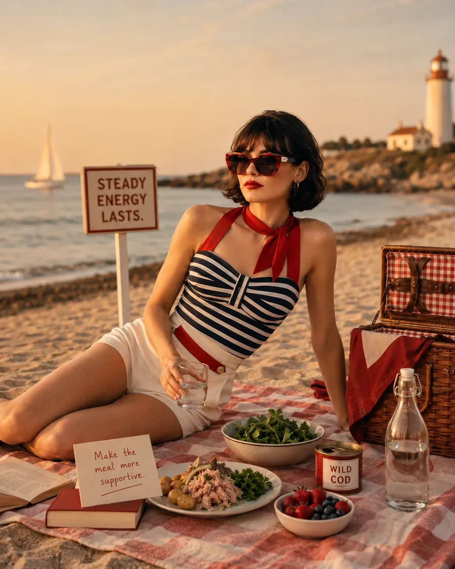 Woman sitting by the sea at sunset with a balanced picnic and a sign about a steady enough lunch | Becoming Elysian quiet luxury wellness