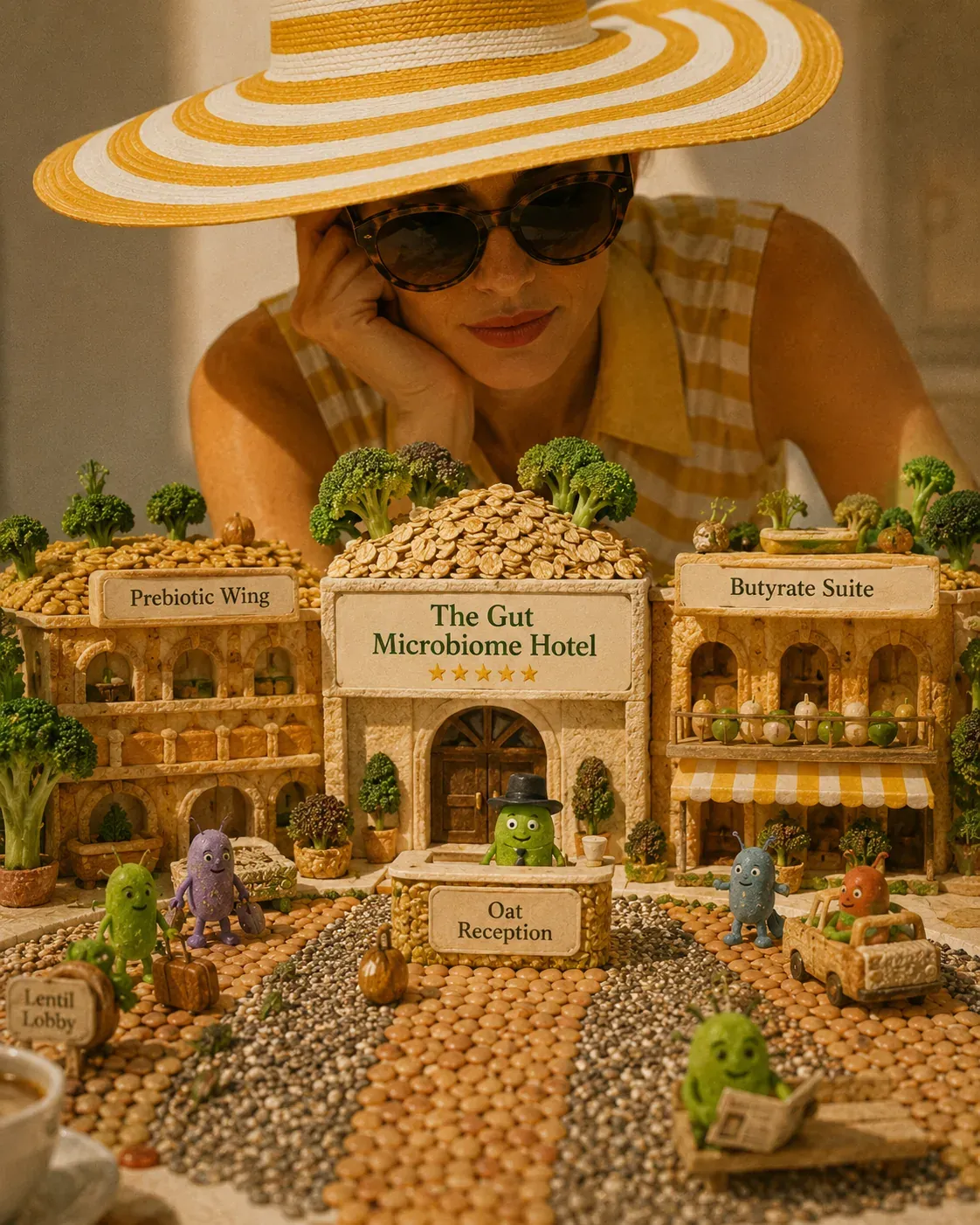 Whimsical gut microbiome hotel made from oats, lentils, seeds, and vegetables, showing how fiber feeds beneficial gut bacteria