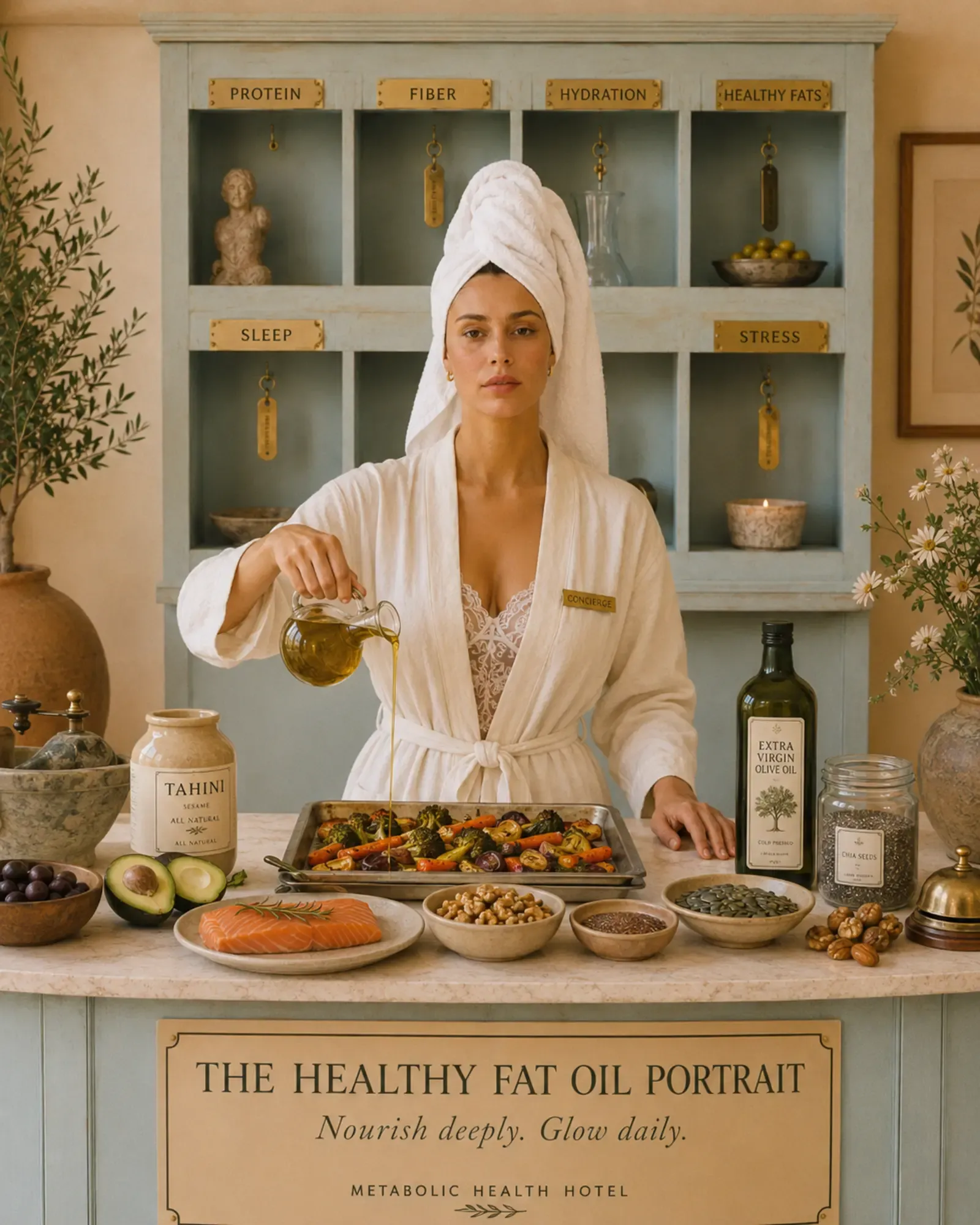 Woman in white robe and towel turban pouring golden olive oil from a glass cruet over a tray of roasted vegetables at a marble counter with tahini, extra virgin olive oil bottle, chia seeds, and nuts | Becoming Elysian quiet luxury wellness editorial