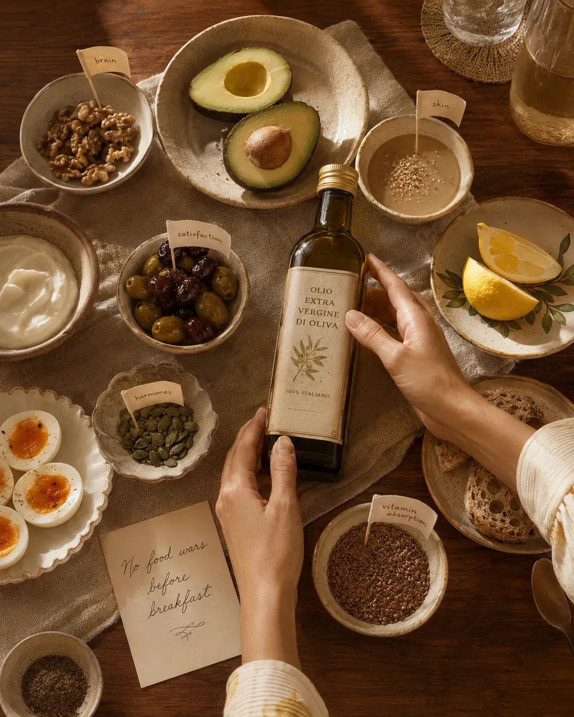 Overhead table with olive oil, avocado, walnuts, tahini, seeds, eggs, and handwritten labels for brain, skin, hormones, satisfaction, and vitamin absorption | Becoming Elysian healthy fats for women