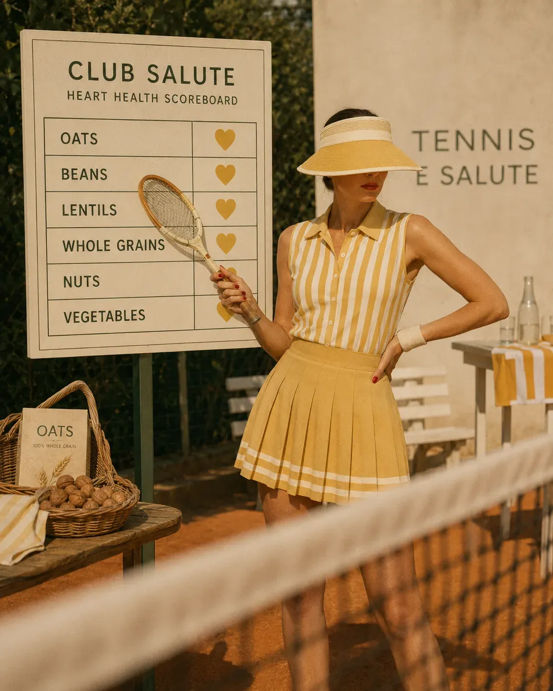 Woman at a tennis club holding a racket beside a heart health scoreboard listing oats, beans, lentils, whole grains, nuts, and vegetables