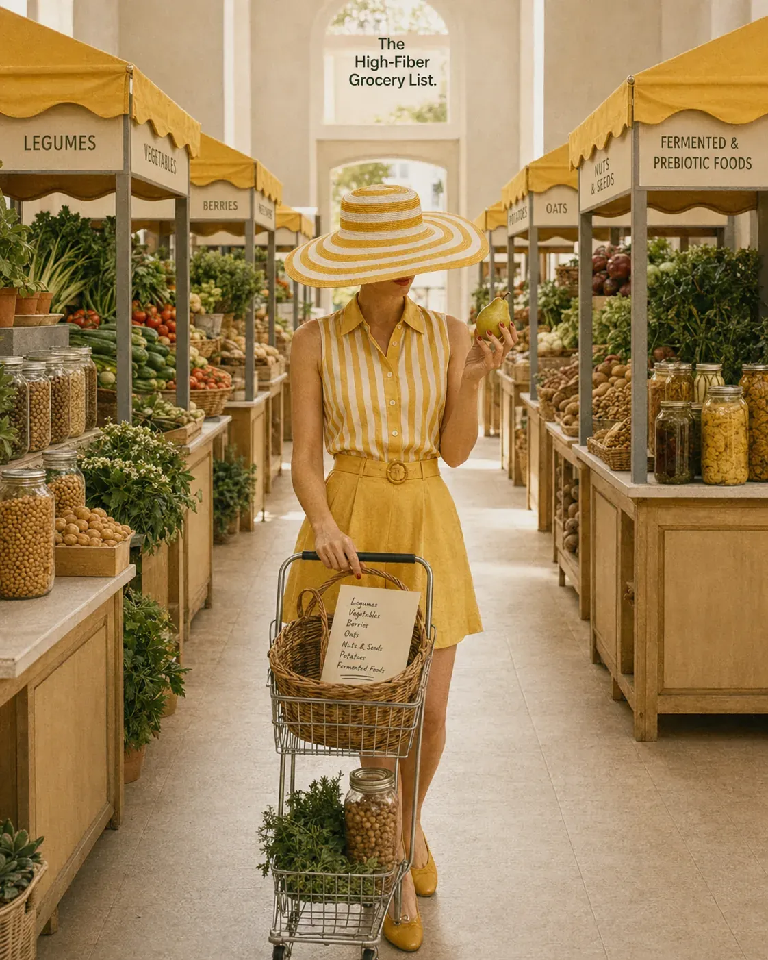 Woman shopping in a bright high-fiber grocery market with sections for legumes, vegetables, berries, oats, nuts, seeds, and prebiotic foods
