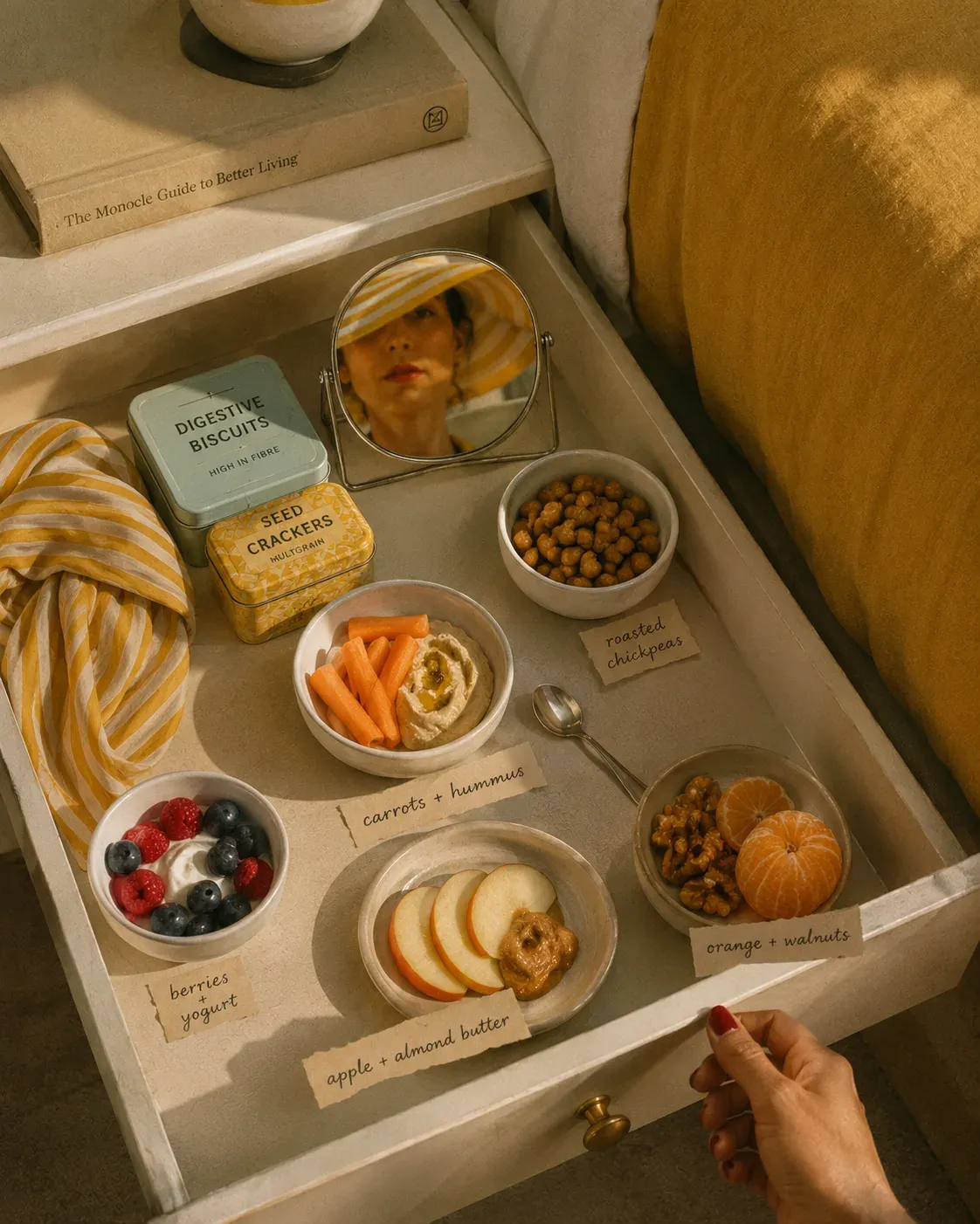 Open drawer with high-fiber snack ideas including berries with yogurt, carrots and hummus, apple with almond butter, roasted chickpeas, and orange with walnuts