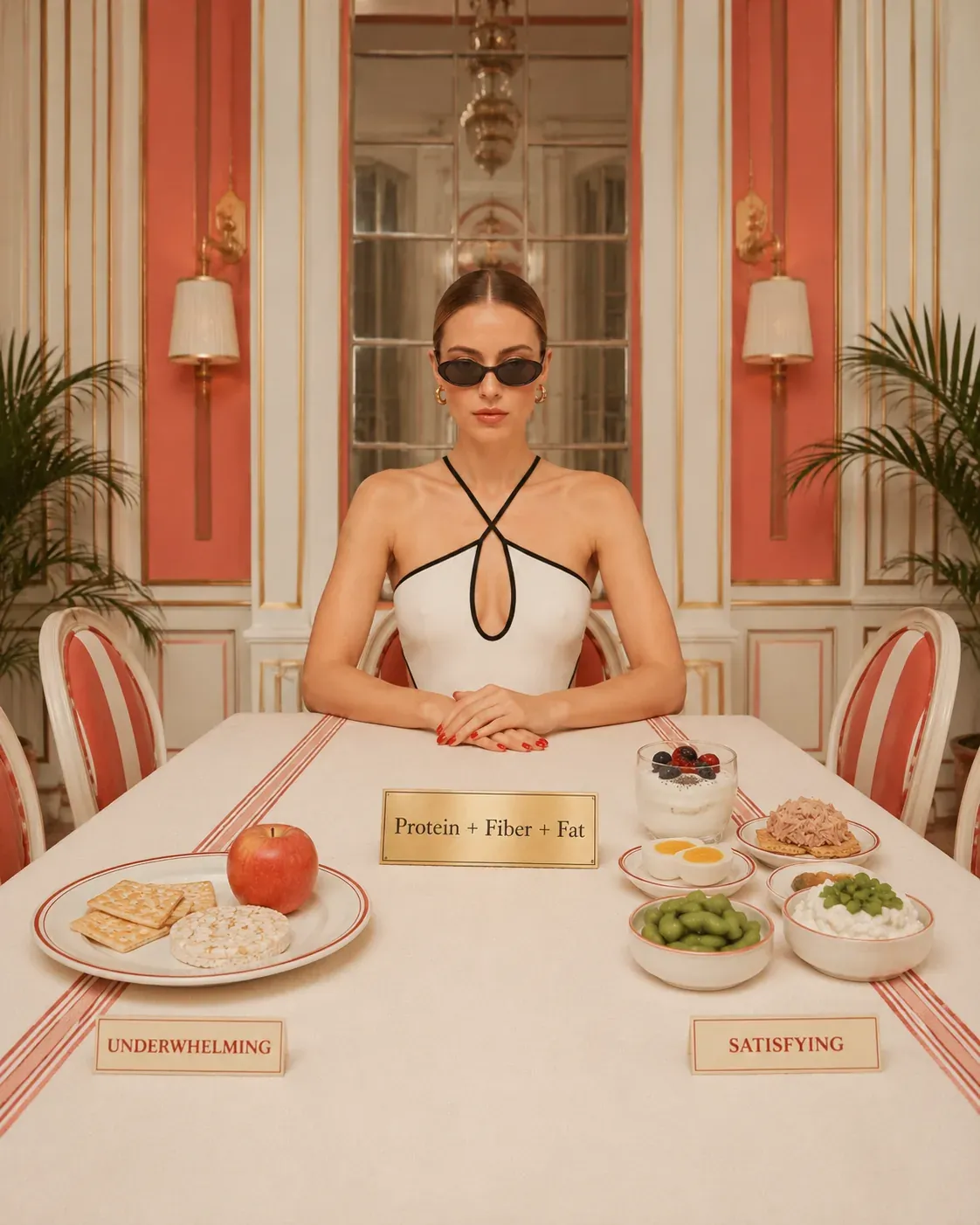 Elegant high-protein snack table with a woman seated in a striped Mediterranean setting, showing balanced snack elements for steady afternoon energy | Becoming Elysian quiet luxury wellness