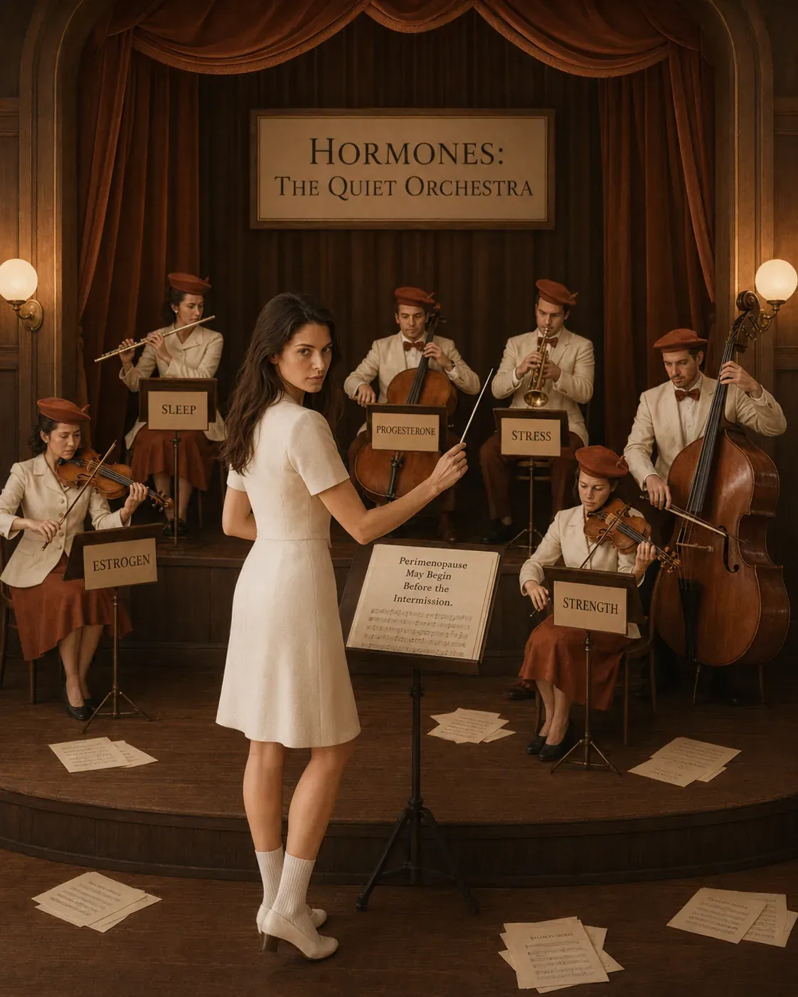 Elegant orchestra scene representing hormones, metabolism, sleep, mood, and energy working together after 35 | Becoming Elysian hormone health