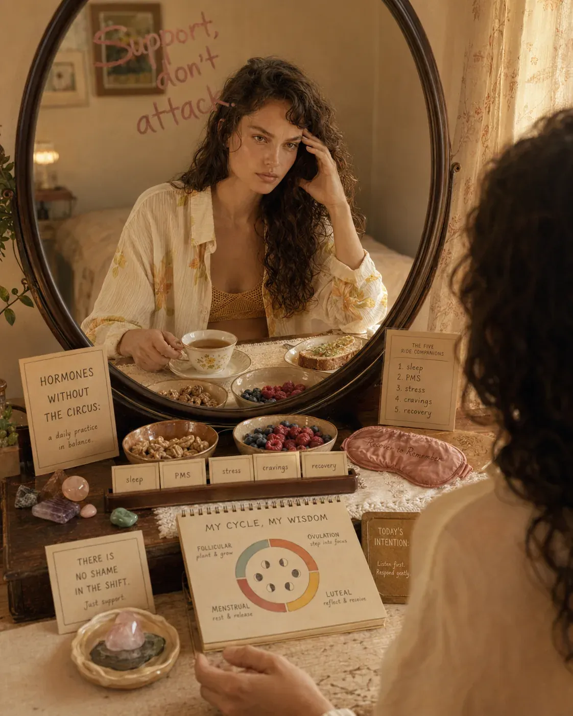 Woman looking into a vanity mirror with cycle, sleep, PMS, stress, cravings, and recovery cards | Becoming Elysian hormone support after 35