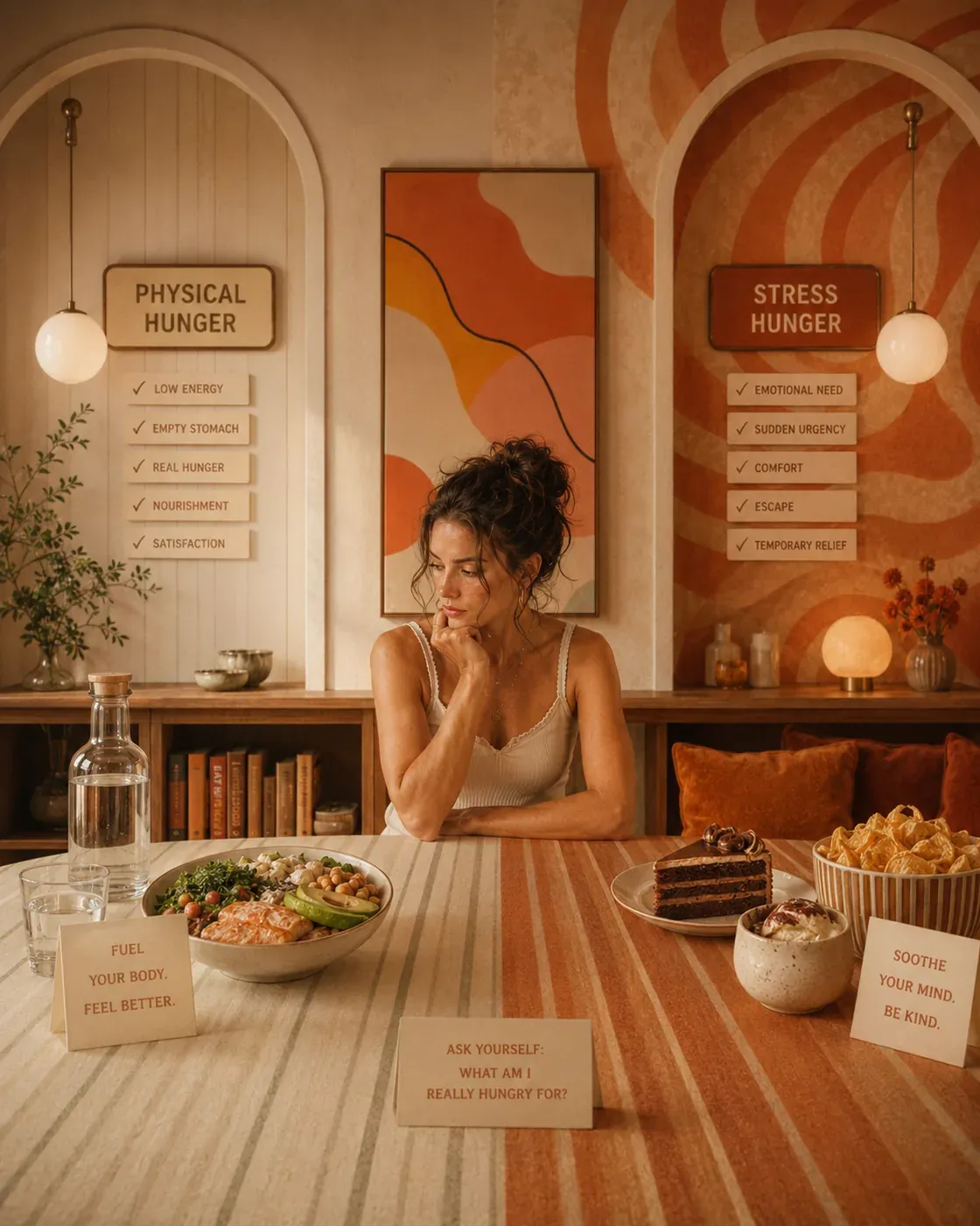 Woman at a table with small decision cards, distinguishing physical hunger from stress cravings