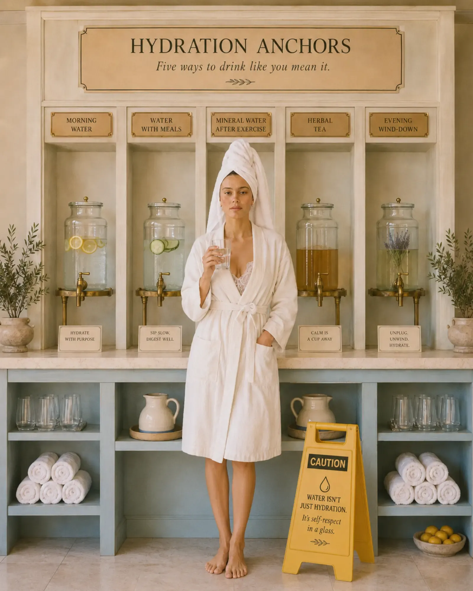 Woman in white robe and towel turban standing before elegant "Hydration Anchors" dispensers labeled Morning Water, Water with Meals, Mineral Water After Exercise, Herbal Tea, and Evening Wind-Down, holding a glass of water with a yellow caution sign reminding that water is self-respect in a glass | Becoming Elysian quiet luxury wellness editorial