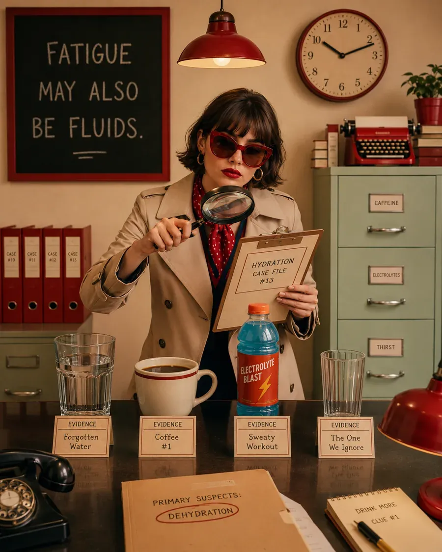 Woman pouring water in a lab-like kitchen scene with signs about fatigue, fluids, and energy | Becoming Elysian quiet luxury wellness
