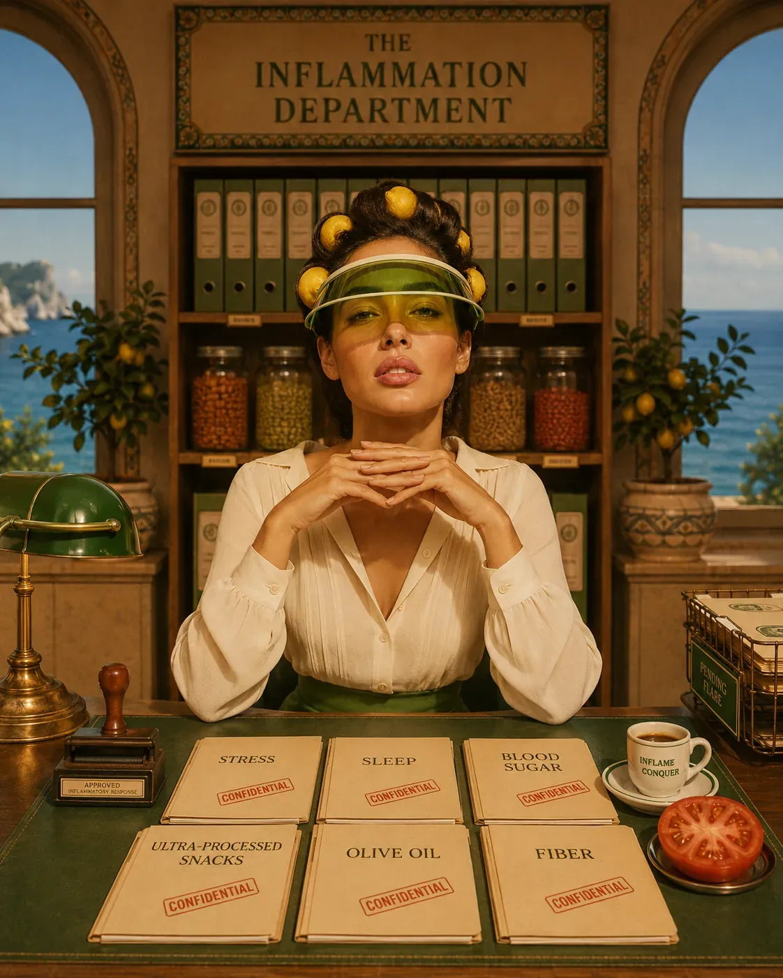 Woman seated at an elegant Mediterranean inflammation department desk with folders for stress, sleep, blood sugar, olive oil, fiber, and ultra-processed snacks