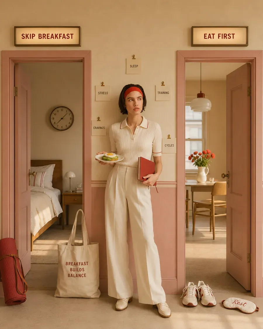 Woman standing between breakfast and fasting doors with a tray, representing the choice between breakfast and intermittent fasting | Becoming Elysian women wellness