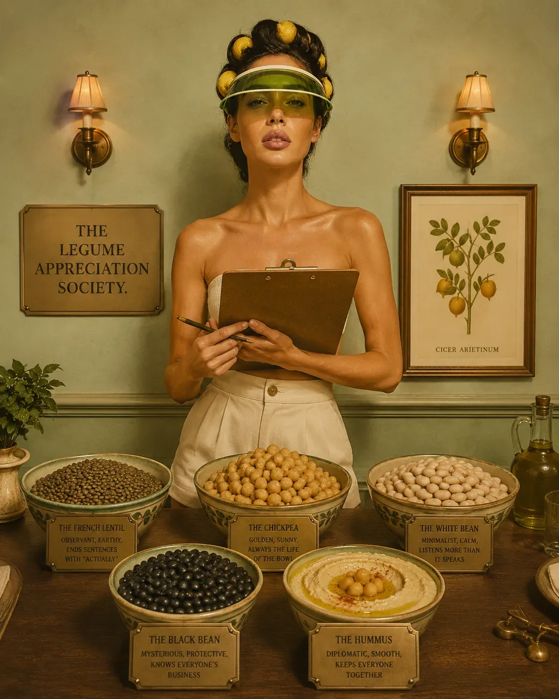 Woman holding a clipboard behind bowls of lentils, chickpeas, white beans, black beans, hummus, and olive oil in a legume appreciation society scene