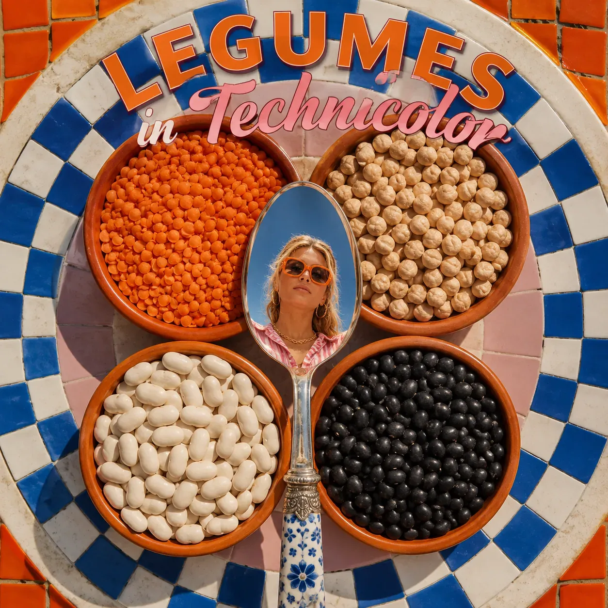 Colorful bowls of lentils, chickpeas, white beans, and black beans arranged around a mirror portrait | Becoming Elysian legumes Mediterranean diet